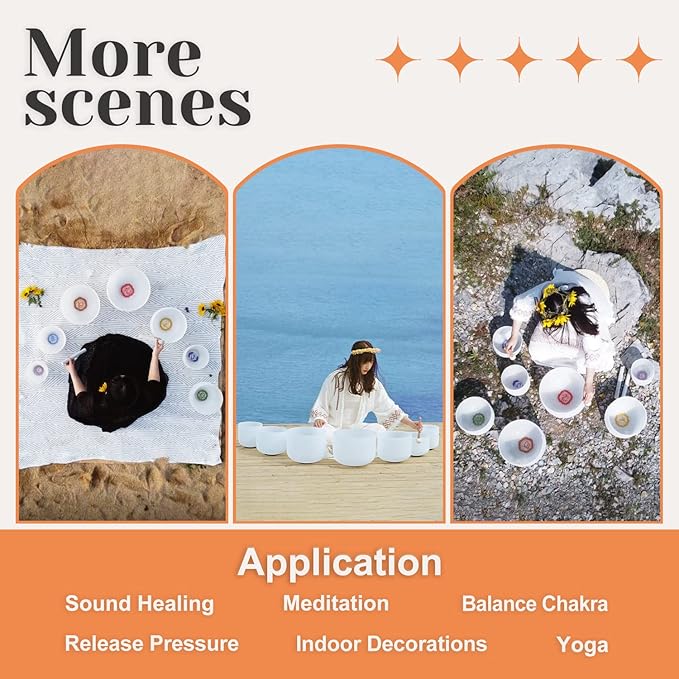 CVNC 432HZ 7-12 Inch Chakra Symbol Design Frosted Quartz Crystal Singing Bowl with 2 PCS Travel Carry Case Bag for Sound Healing