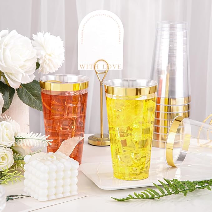 I00000 16 oz Gold Plastic Cups, 50 Pack Clear Plastic Cups Tumblers Gold Rimmed Disposable Cup, Heavy-duty Disposable Cup Perfect for Birthday, Wedding & Party