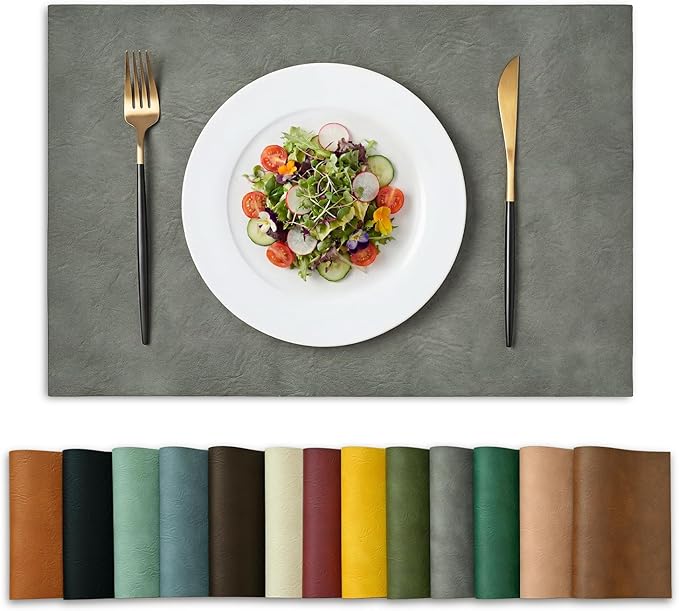 Artoid Mode Grey Faux Leather Placemats Set of 4, 12x18 Inch Waterproof Wipeable Heat Resistant Vinyl Place Mats, Reversible Table Mats for Winter Kitchen Dining Decor