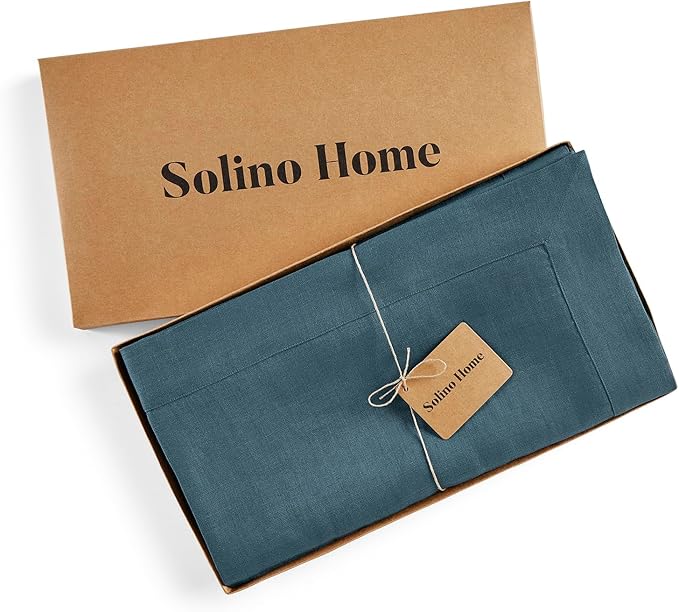 Solino Home Linen Tablecloth for Rectangle Tables 60 x 90 Inch - 100% Pure Linen Peacock Blue Table Cloth - Fete, Machine Washable Cloth Tablecloth for Winter