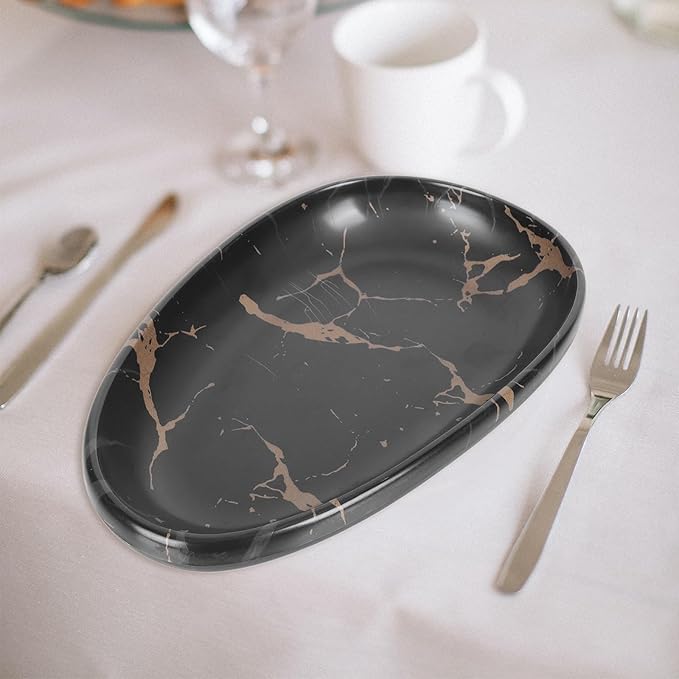 Marble Pattern Oval Dinner Plate 10.2 Inch Imitation Porcelain Steak Plate Western Tableware Fruit Storage Tray for Home Dining