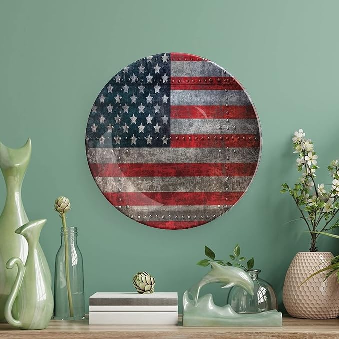 Decorative Plates, American Flag Print Ornament, US Flag Plate, 10 Inch, 1 Plate with 1 Display Stand, Multicolor