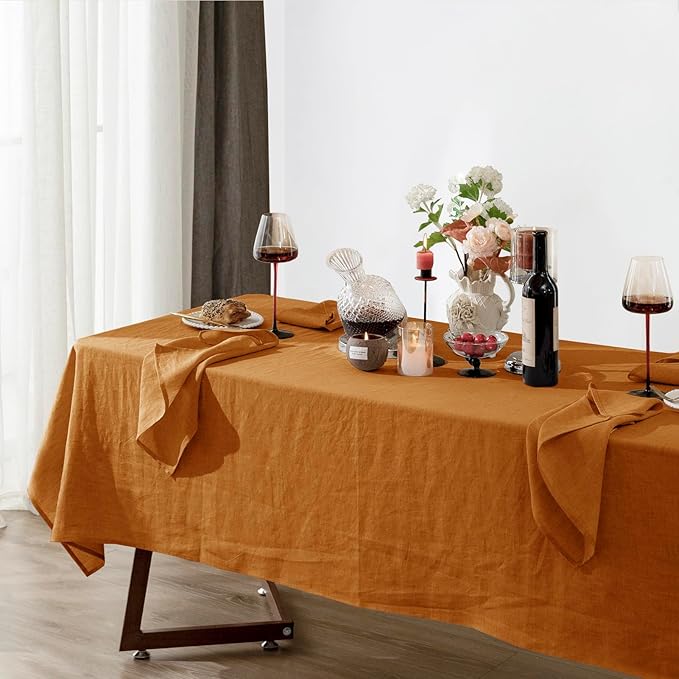 Talasily Linen Tablecloth 100% Pure Linen Table Cloth 60x84 Inches Rectangle Tablecloths Washable Cloths for Kitchen, Dining, Buffet Parties, Holidays, Picnic, Weddings and Restaurants-Caramel