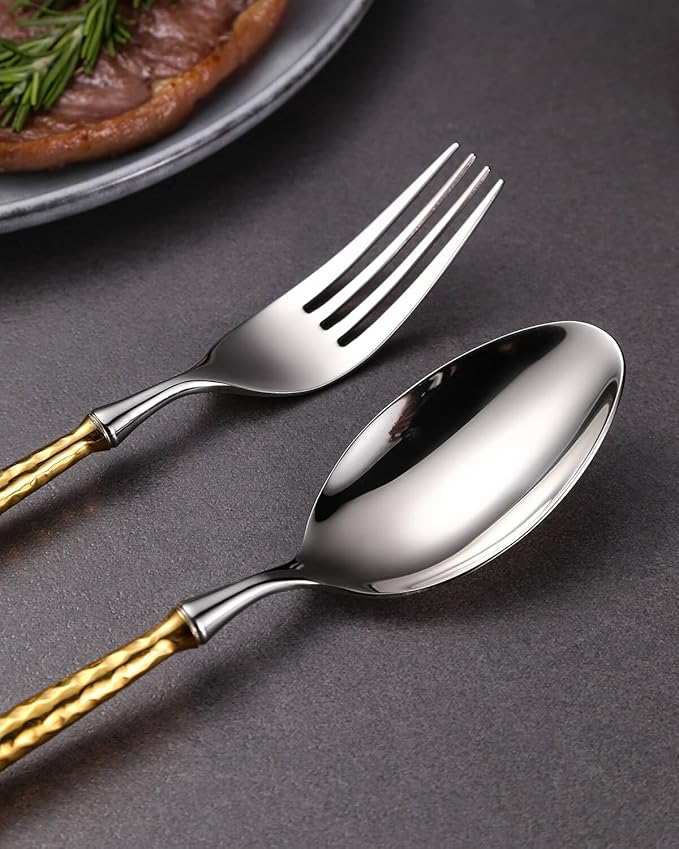 Lemeya 20-Piece Hammered Silver Gold Silverware Set,18/10 Stainless Steel Forging Heavy Duty Cutlery Set for 4, Luxury Unique Flatware Set,Spoons and Forks Set,Mirror Polished,Dishwasher Safe