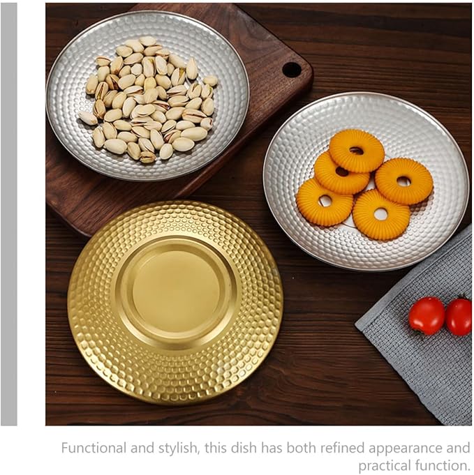 BESPORTBLE Creative Hammer Textured Stainless Steel Fruit Serving Tray Round Dinner Plate for Outdoor Camping and Indoor Use, Vintage Gold Diamond Pattern