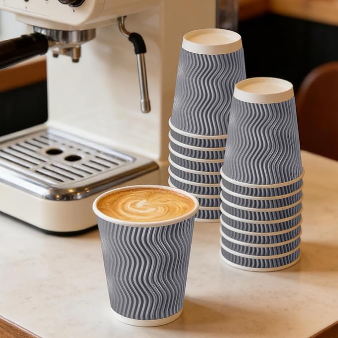 100 Pack 8 oz Coffee Cups with Lids, Disposable Insulated Hot Cups To Go Paper Coffee Cups, Corrugated Ripple Wall Cup for Hot Drink, Office, Coffee Bar (Grey 8 oz)