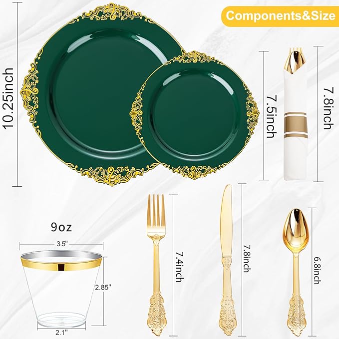 Nervure 175PCS Green Plastic Plates - Disposable Green Gold Party Plates & Pre Rolled Napkins with Cutlery for 25 Guests, 50Plates, 75Silverware, 25Cups, 25Napkin for Wedding & Party