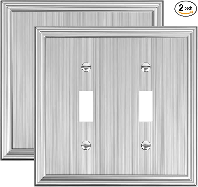 2-Pack Double Toggle Light Switch Cover Plate, Durable Solid Zinc Alloy Decorative Dual Switch Plate Covers, Brushed Nickel 2 Gang Wall Plate, Corrosion Resistant