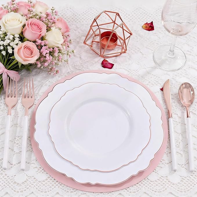 WDF 100pcs Rose Gold Plastic Plates-Baroque White &Rose Gold Disposable Plates including 50Plastic Dinner Plates 10.25inch,50Salad Plates 7.5inch for Wedding & Parties