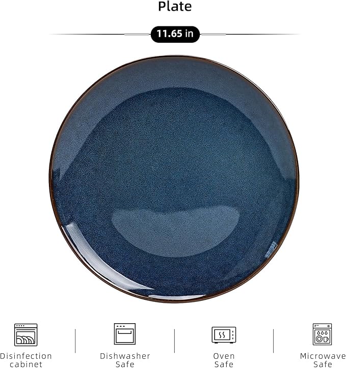 Organic Shape Highland Ceramic Dinner Plates, 6pcs 11.65 Inch Handmade Reactive Glaze Dinnerware Sets with Wavy Edge, for Kitchen, Microwave & Dishwasher Safe, Scratch Resistant-Blue