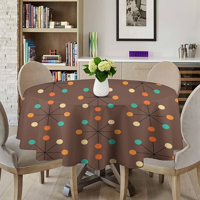 Mid Century Boho Round Tablecloth, 50s Mid Century Modern Geometric Pattern Tablecloth for Home Party Dining Room Kitchen Decor 60Inch(152cm)