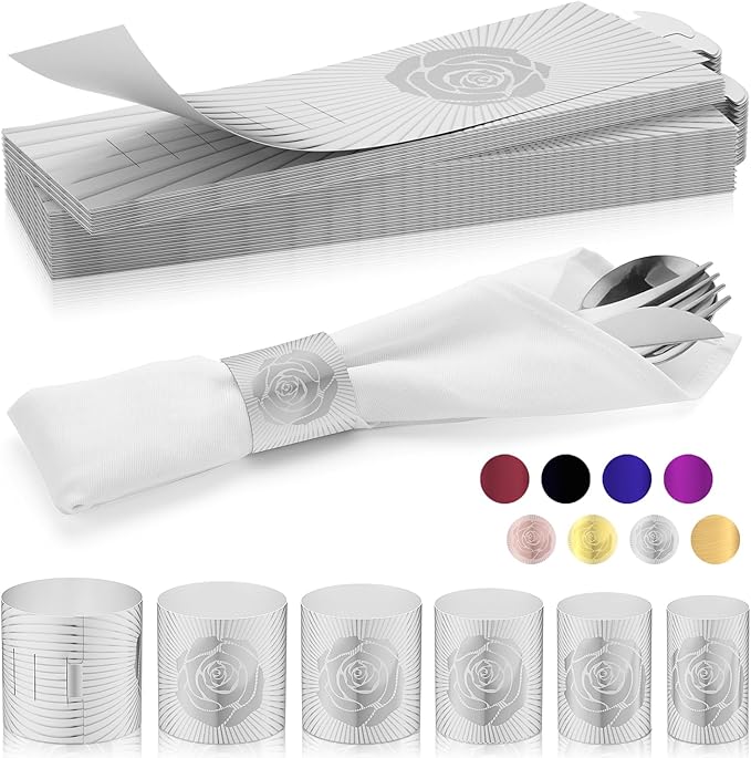 Christmas Napkin Rings Set of 100, 2 Colors in 1, Reusable Adjustable Napkin Bands for Holiday Parties, Wedding, Thanksgiving Table Decor, Waterproof Tear-Proof (Silver) Great Gift Idea