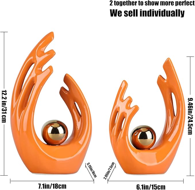 9.5" H Orange Gold Aesthetic Room Decor Accent, TV Stand Funky Table Centerpiece, Abstract Art Ceramic Statue and Sculpture, Orange Decor for Living Room, Bookshelf Decorative Objects, Shelf Decor