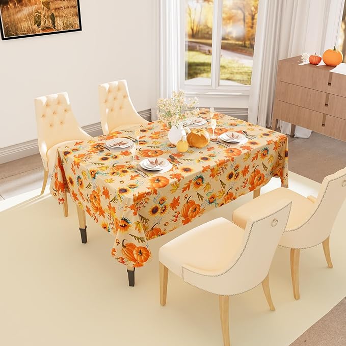 Smiry Fall Rectangle Table Cloth, Waterproof Vinyl Tablecloth with Flannel Backing, Wipeable Autumn Sunflower Plastic Tablecloths for Harvest and Thanksgiving Parties, (60"x120", Gold)