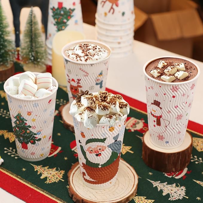 100 Count Christmas Paper Cups, Xmas 16 oz DisposableCoffee Cups Snowflake Santa Snowman Elk Christmas(16oz 100Count)