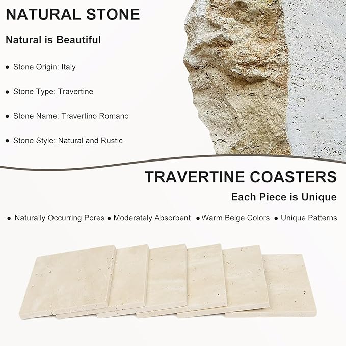 Square Travertine Coasters Set of 6, Porous Natural Stone Absorbent Coaster with Velvet Backing for Table Protection, Rustic Beige Marble Coasters for Home Table Decor, 4 Inches