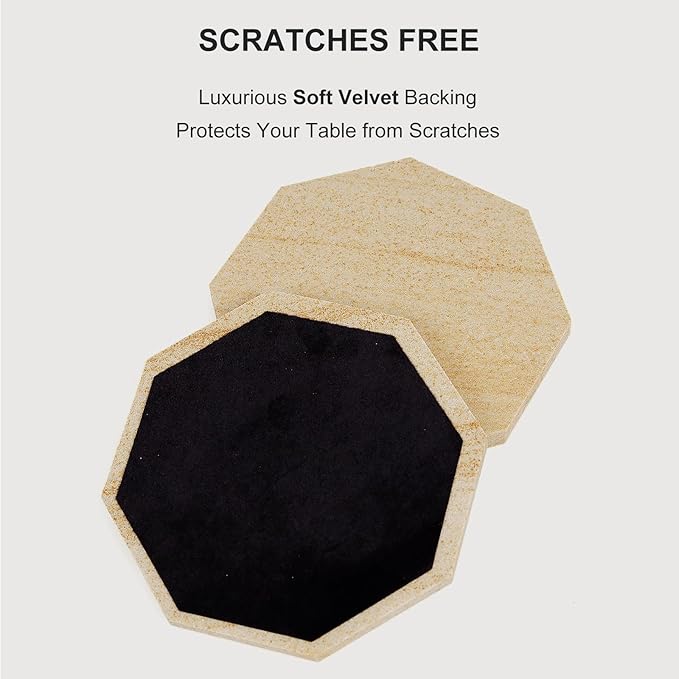 Highly Absorbent Sandstone Coasters Set of 6 with Holder, Octagonal Desert-Like Patterns Australian Sandstone Bar/Drink Coasters for Coffee Table, Office Desk, Outdoor, Bedroom Nightstand