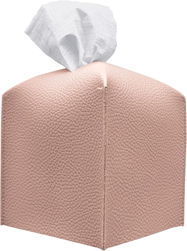 Carrotez Tissue Box Cover, [Refined] Modern PU Leather Square Tissue Box Holder - Decorative Holder/Organizer for Bathroom Vanity Countertop, Night Stands, Office Desk & Car 5"X5"X5" - Rose Pink