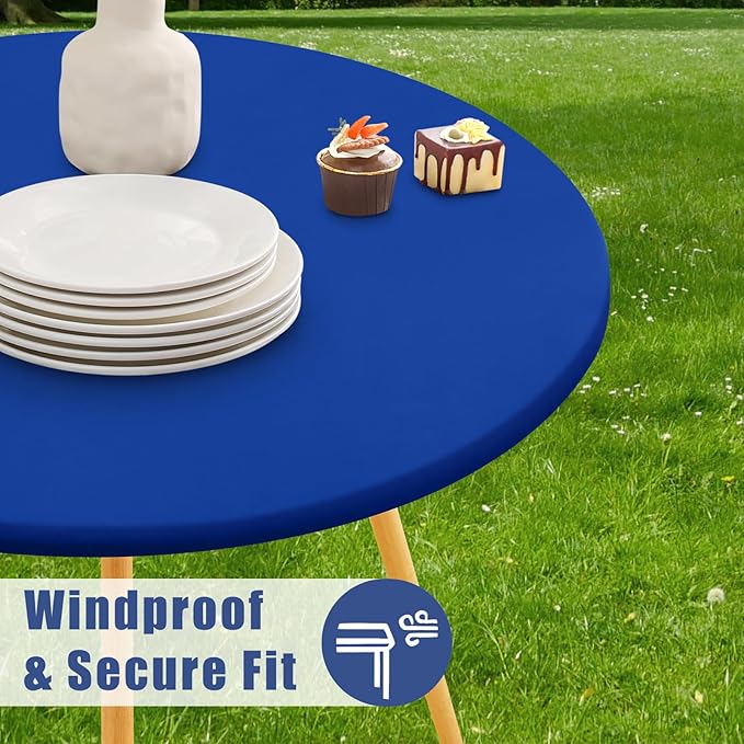 Round Spandex Tablecloth, Elastic Fitted Waterproof Tablecloths for 25"-30" Tables, Stretch Washable Picnic Table Cover for Camping, Dining, Indoor and Outdoor, Blue