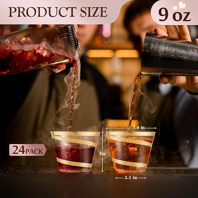 Gejoy 9 oz Rimmed Swirl Plastic Cups Disposable Wine Drinking Cups Clear Elegant Halloween Tumblers for Christmas Party Supplies(Gold,24 Pcs)
