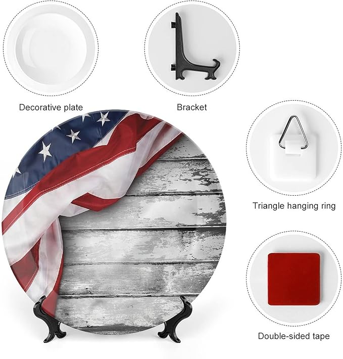 Decorative Plates, American Flag Print Ornament, Flag on Wood Planks, 8 Inch, Kitchen Wall Decor, Multicolor