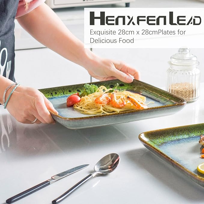 HENXFEN LEAD Square Ceramic Dinner Plates 11 Inch – Large Stoneware Serving Plates Set of 4 for Steak, Pasta & Salad, Microwave & Dishwasher Safe – Reactive Glaze Green