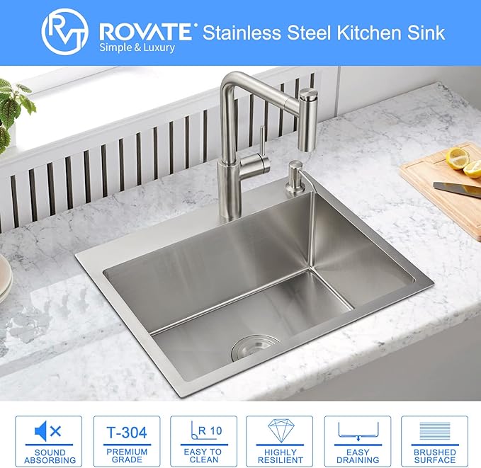ROVATE 20 x 16 inch Drop-in Kitchen Sink Single Bowl, Topmount Kitchen Sink Handmade, 304 Stainless Steel Overmount Kitchen or Bar Sink with Basket Strainer, 20 x 16 x 9 inch