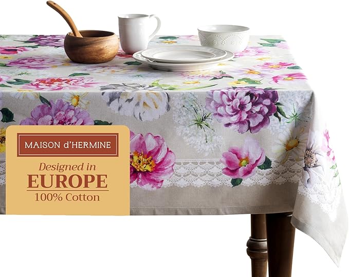 Maison d' Hermine Table Cloth Square Table 100% Cotton 60 x 60 Inches Tablecloth Reusable Decorative for Dining Room Farmhouse Home Valentines Day Decorations Spring Summer - Pivoine