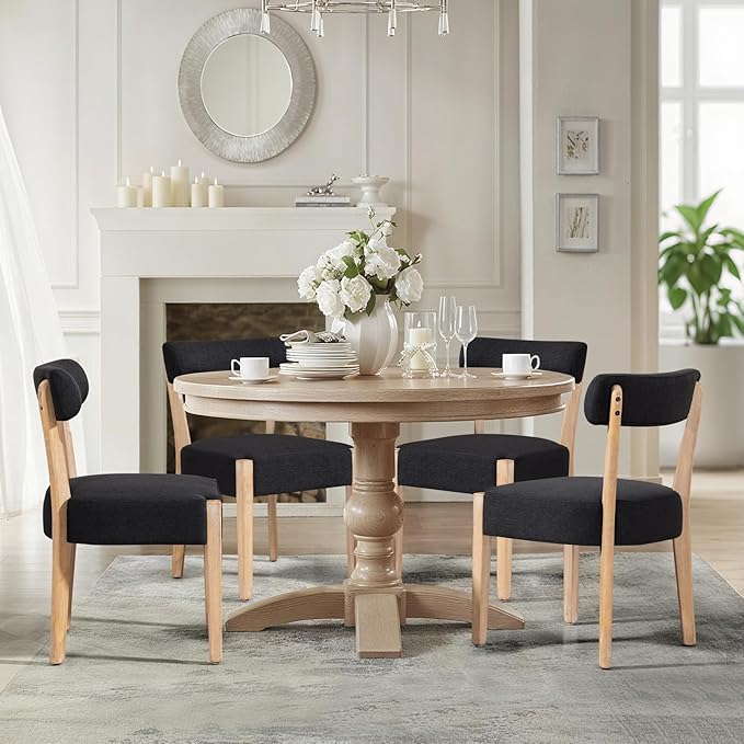 Dining Chairs Set of 4, Mid-Century Modern Wooden Kitchen Chairs with Linen Upholstery - Low-Back Woven Design for Kitchen & Dining Room,Black Fabric