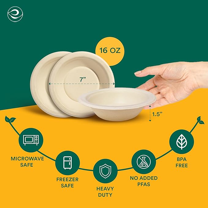 ECO SOUL 100% Compostable 16 Oz Soup Bowls [2 Packs of 100] Disposable Sturdy I Heavy Duty Paper I Eco-Friendly Salad Bowl I Biodegradable Large