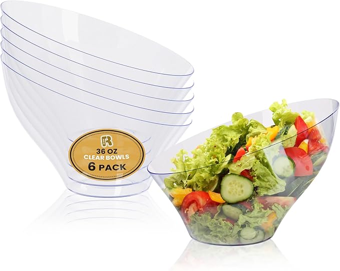 R-kay 6 Pack Large Plastic Bowls - Premium Clear bowls - Plastic Serving Bowls Heavy Duty For Weddings Catering, Parties, And All Occasions 36 Oz (Clear, Large)