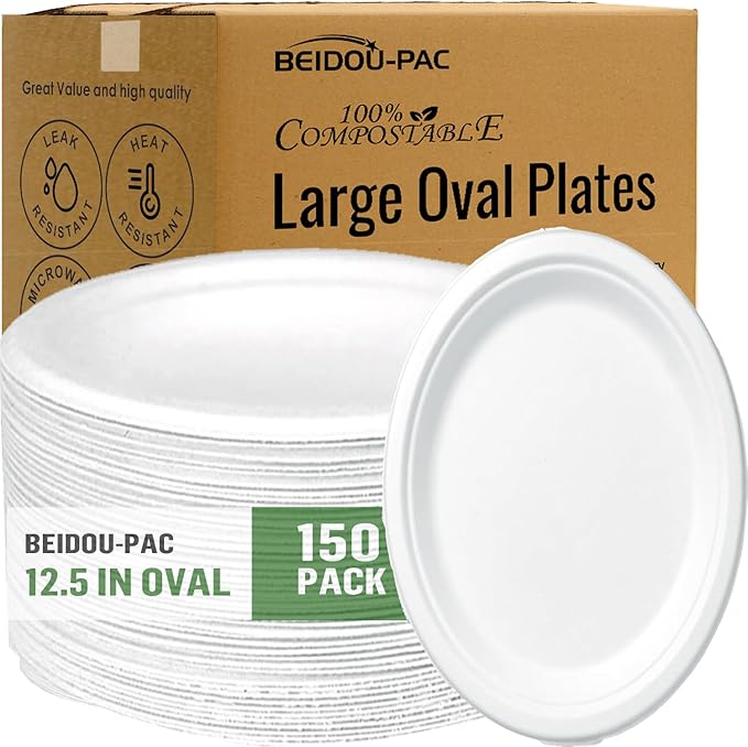 Compostable Heavy Duty Disposable Oval Paper Plates, 150 Count | 12.5 Inch | Natural Bagasse, Biodegradable Eco-Friendly Sugarcane BBQ, Party, Gathering, Picnic White Sugarcane Tray