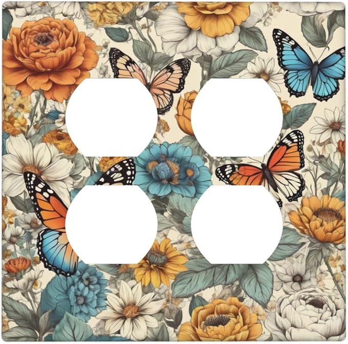 Light Switch Cover Vintage Colorful Floral Butterfly Flowers 2 Gang Decorative SwitchPlates Double Duplex Wall Plates Switch Plates and Outlet Covers for Bathroom Bedroom Decor