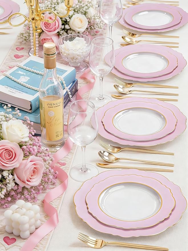 WDF 60Pcs Pink Plates Disposable with Gold Rim - Baroque Clear Pink and Gold Plastic Party Plates Ideal for Wedding, Valentine's Day