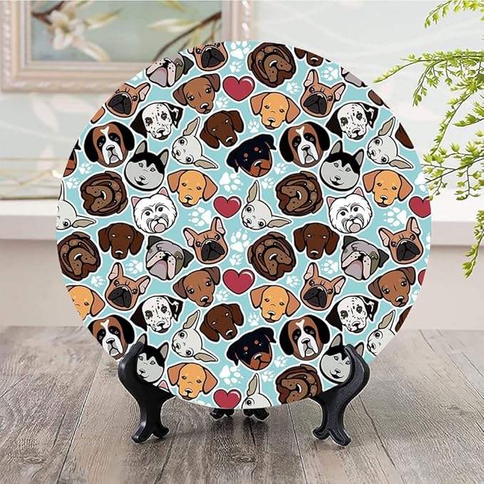 Decorative Plates, Dog Lover Print Ornament, Canine Breeds Bulldog Chihuahua Siberians and Retriever, 8 Inch, Kitchen Wall Decor, Multicolor