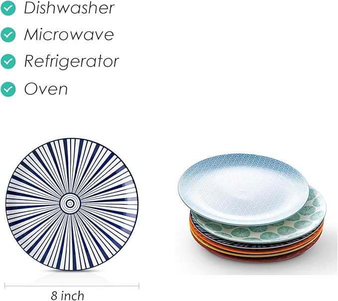 Selamica 8 inch Porcelain Dinner Plates, Large Size Serving Plate for Salad, Pancakes, Steak, Set of 6, Assorted Colors
