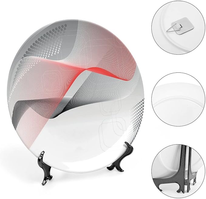 Decorative Plates, Abstract Print Ornament, Modern Geometric Squares Dots Curves Waves, 10 Inch, 1 Plate with 1 Display Stand, Red Grey Black