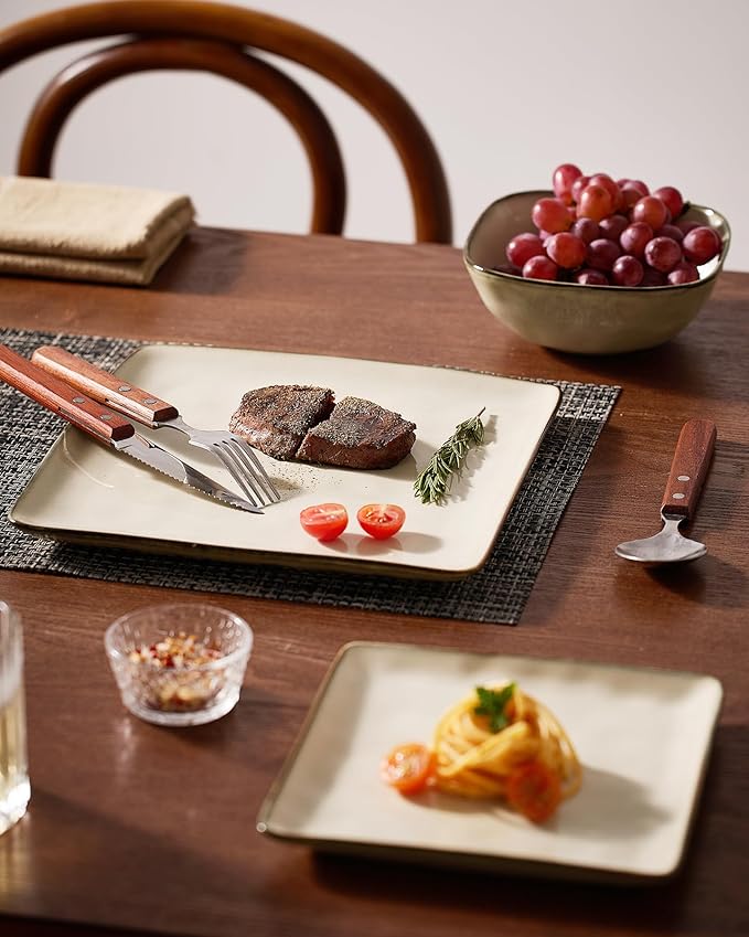 Famiware Dinnerware Sets for 6, Ocean Square 18-Piece Kitchen Plates and Bowls Sets, Microwave and Dishwasher Safe, Scratch Resistant, Light khaki