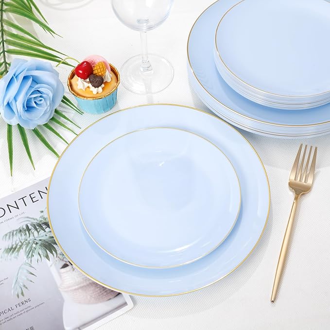 PULOTE 100PCS Blue Plastic Plates - Disposable Light Blue Include 50 Dinner & 50 Dessert/Salad Plates for Party, Wedding & Easter