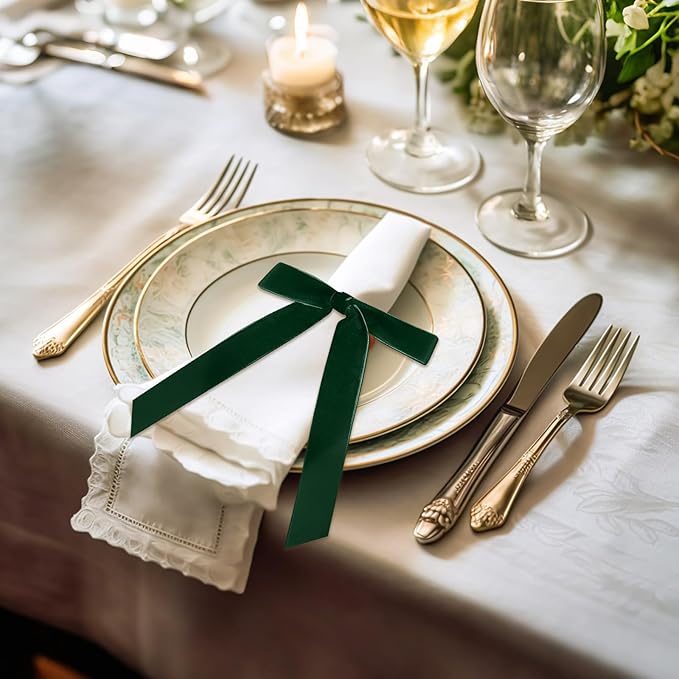 Riceshoot Velvet Bow Napkin Rings Bows with Gold Semicircle Metal Napkin Ring Velvet Bow Holder for Wine Bottles Table Settings Candlestick Wedding Valentine's Day Dinner(Green,12 Pcs)