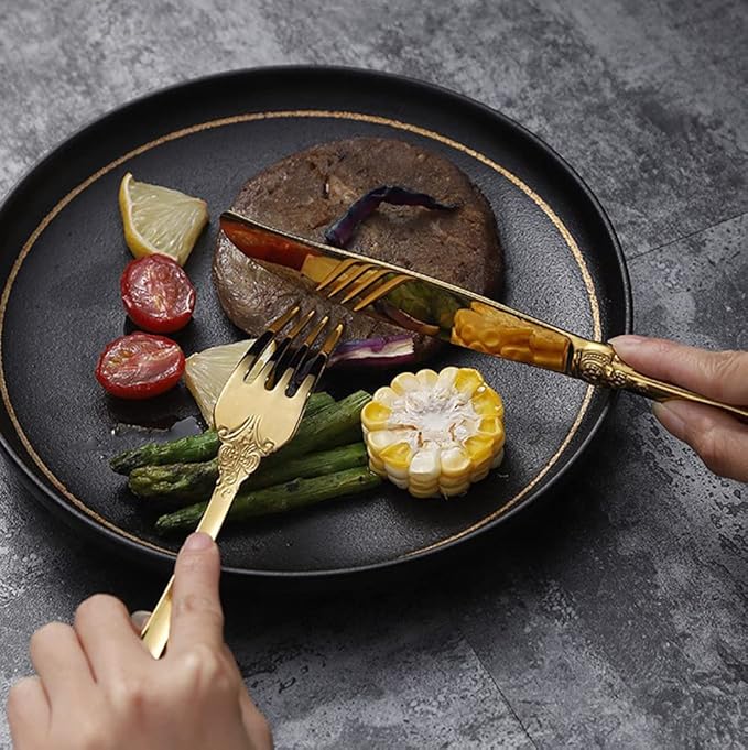 Gold Silverware Set for 8 Durable 18/10 Stainless Steel Flatware Set Palace Style Modern Cutlery Utensils Set 32 Piece Include Knives Forks and Spoons Tableware Set for Home Kitchen Restaurant