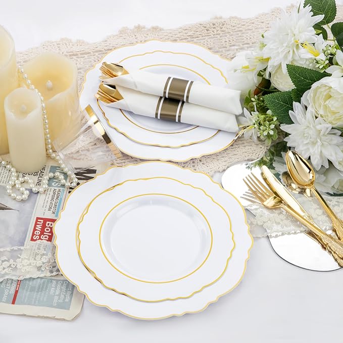 Liacere 350PCS Gold Plastic Plates-Disposable White and Gold Plates 50guest Baroque Plastic Dinnerware include 100Plates, 50Pack Pre Rolled Napkins with Silverware 50Cups for Wedding&New Years