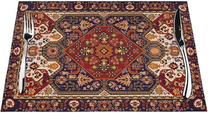 Persian Design Placemats Set of 4 Tribal Texture Boho Persian Rust Wipeable Table Mats Reusable Washable PVC Rectangle Place Mats for Kitchen Dining Home Decor 12x18 Inches