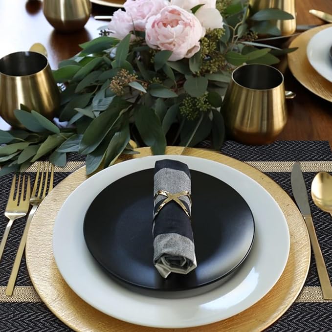 FAVE Placemats Set of 6 Black Placemats Woven with Golden Thread Durable and Wipeable Vinyl Placemat Set of 6 for Wedding, Banquet, Birthday, Party, Restaurant Decorations（Black）