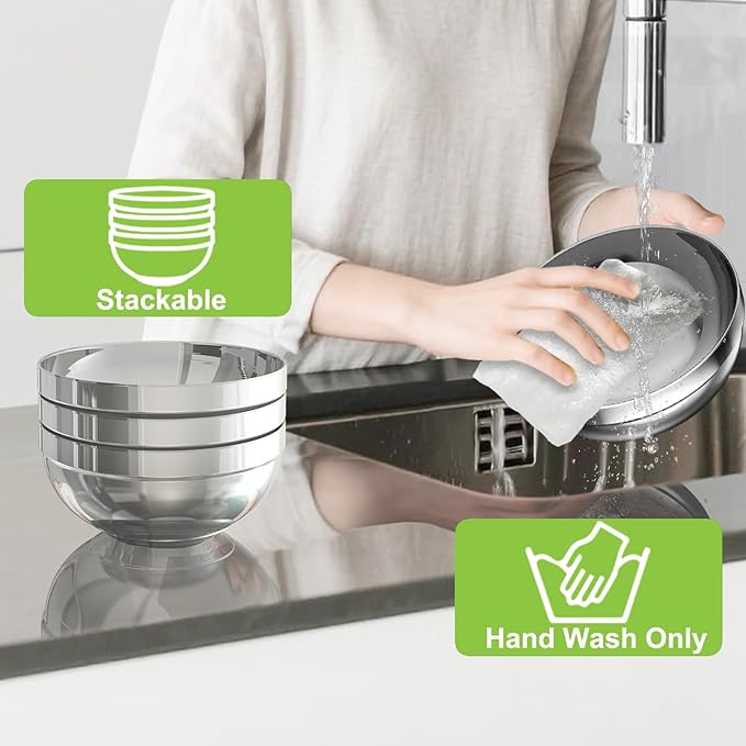 Stainless Steel Bowls, 6 Pack 7.8in 64.2oz 1900ml Large SUS304 Double Wall Insulated Stackable Metal Hot Soup Bowl Containers for Dishes Serving Cereal Snacks Ice Cream Food Rice Salad