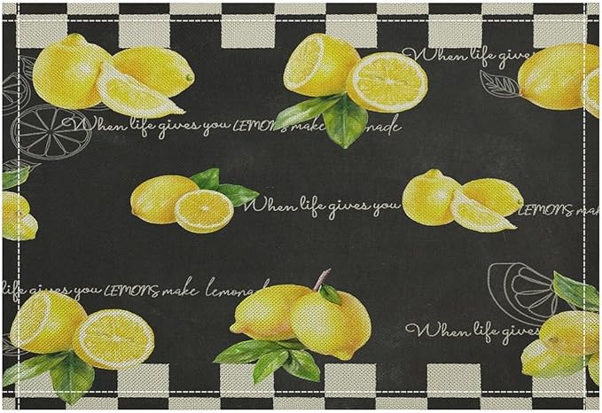 Vintage Lemon Placemat Set, Rustic Farmhouse Yellow Orange Fruit Leaves Black White Plaid Quotes Seamless Pattern Home Decor Linen Table Mats for Dining Room Kitchen Party (17x12in) x6P