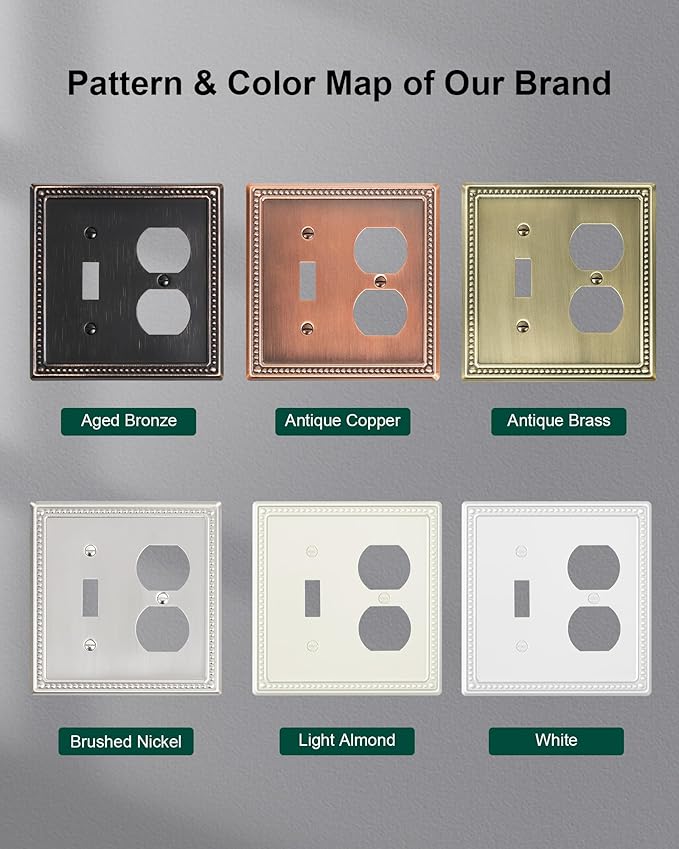 2-Pack Combo Toggle/Duplex Light Switch Cover Plate, Pure White Metal Wall Outlet Cover Plate, Decorative Classic Beaded Wall Socket Receptacle Cover for Electrical Outlets, Light Switch