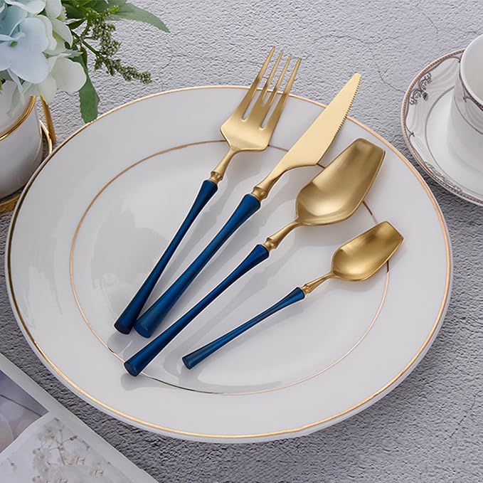 56 Piece Gold Silverware Set for 14，Durable 18/8 Stainless Steel Flatware Set Slim Waist Blue Handle Cutlery Set Utensils Include Spoons Knifes Forks Kitchen Wedding Restaurant