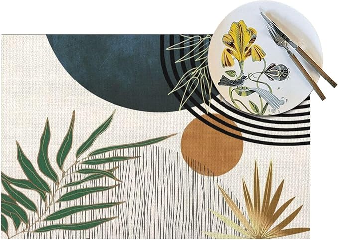 Mid Century Placemats 12x18 Inches Set of 4, Modern Boho Green Navy Blue Tropical Leaf Decorative Rectangle Table Mats for Party, Home Kitchen,Dining Table Decoration