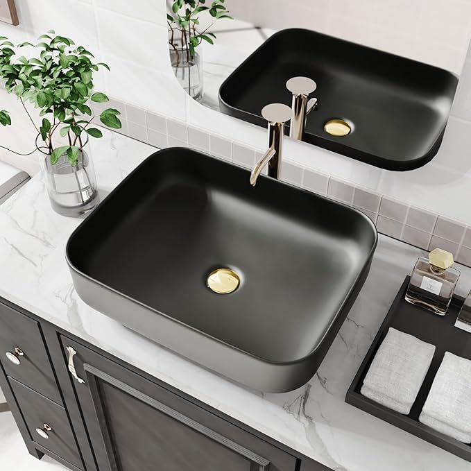 ELLAI Bathroom Vessel Sink Rectangle Above Counter Porcelain Ceramic Top Mount Rectanglar Countertop Sink for Bathroom 19.7"x15.2"x5.4" Matte Black